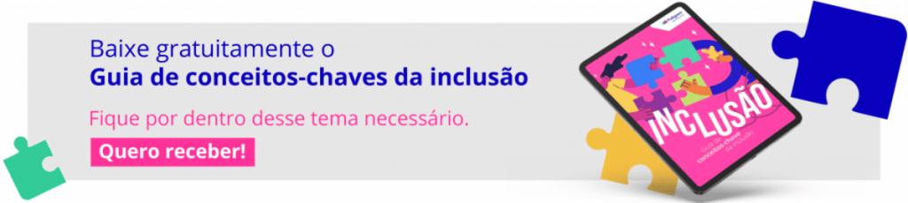 Banner para baixar o Guia de conceitos-chaves da inclusão com tablet e peças de quebra-cabeça.